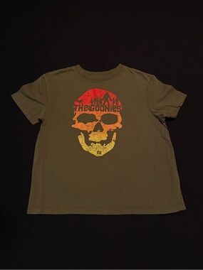 The Goonies Skull Graphic Tee in Olive with Red-Orange-Yellow Print Small